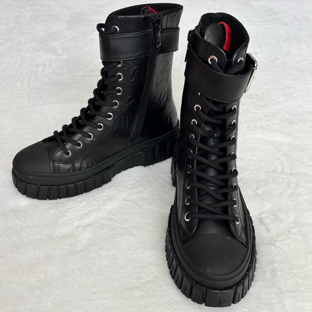 LOVE MOSCHINO Black Leather Moto Biker Boots--NEW--7 - Picture 5 of 15